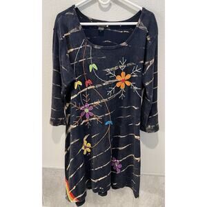 Rising Intl 1XL Cotton Dress Black/ Tie-Dyed/ Embroidery